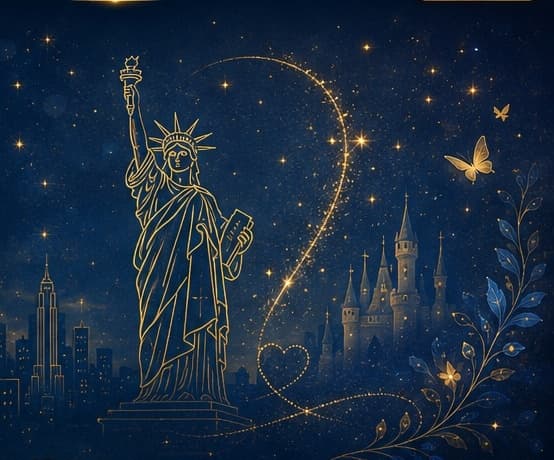 Gold Statue of Liberty, New York skyline, castle, butterflies and starlight
