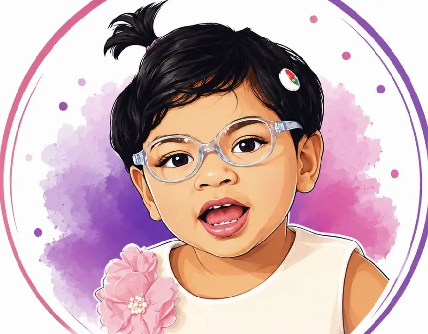Illustrated portrait of a child with glasses and pink floral details