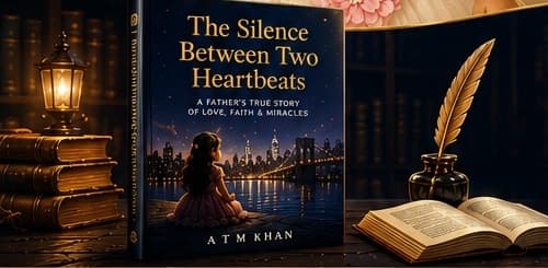 The Silence Between Two Heartbeats book displayed in a warm navy and gold library setting