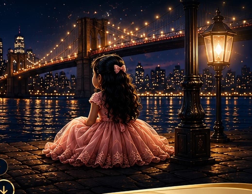 A child by the New York waterfront with the Brooklyn Bridge illuminated at night