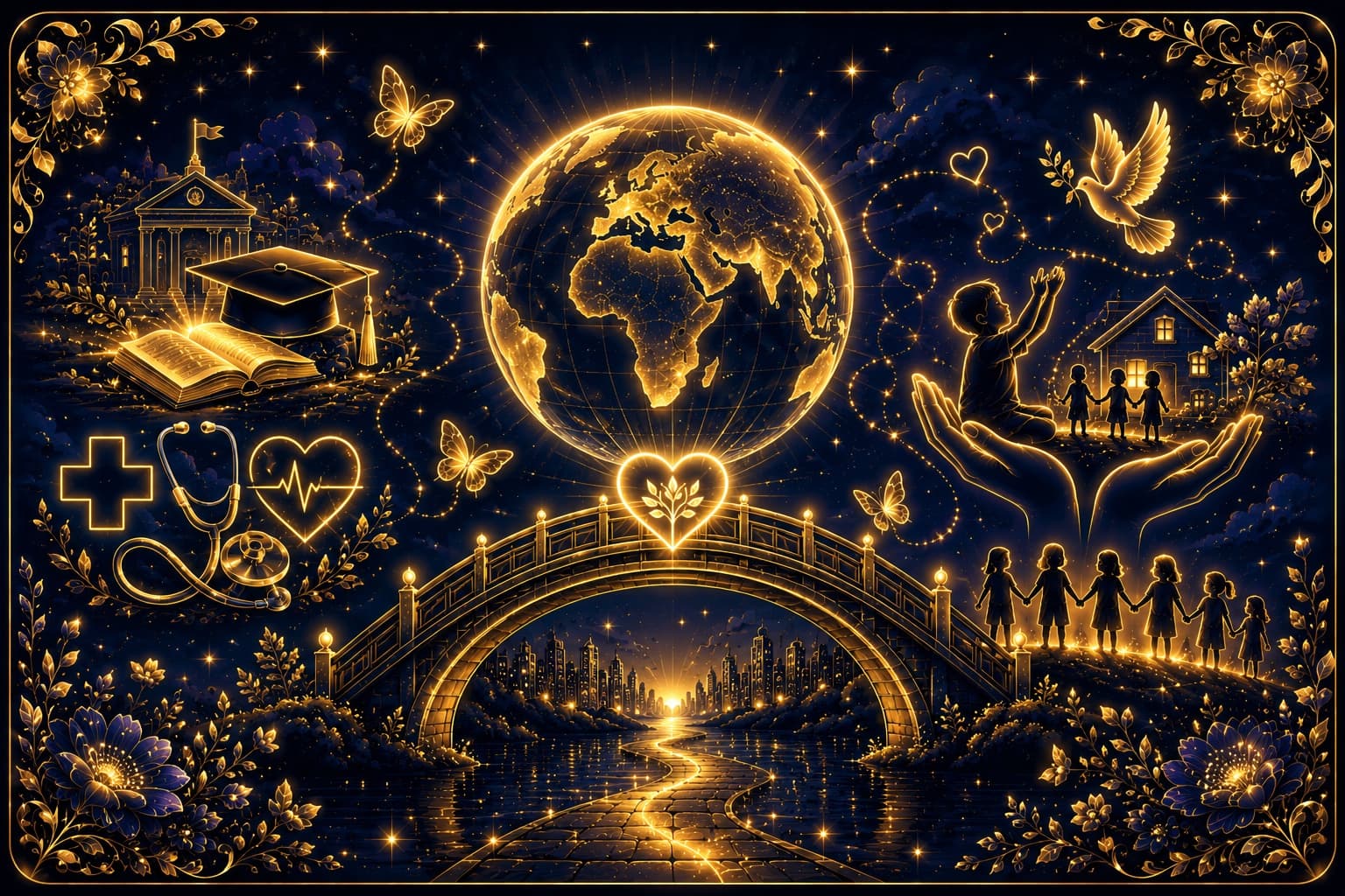 Navy and gold Niyan Foundation mission artwork with a glowing globe, education, healthcare, children, shelter and peace symbols