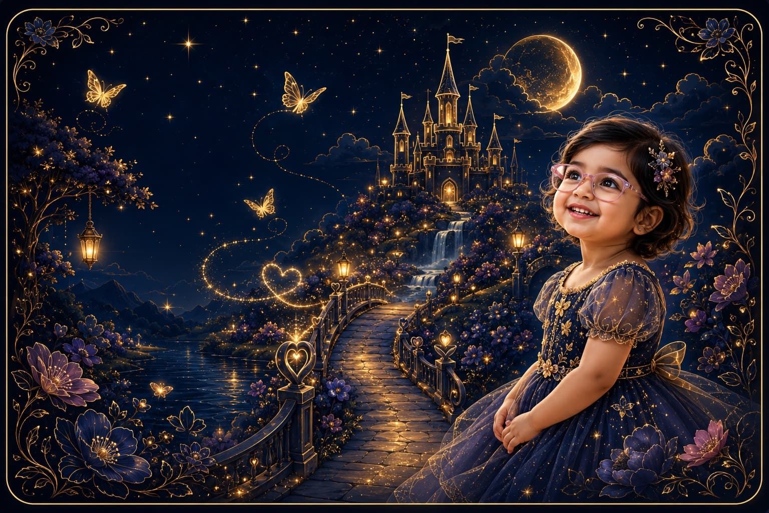 Fareesa in a navy and gold enchanted fairy world with a glowing castle, moon, butterflies and flowers